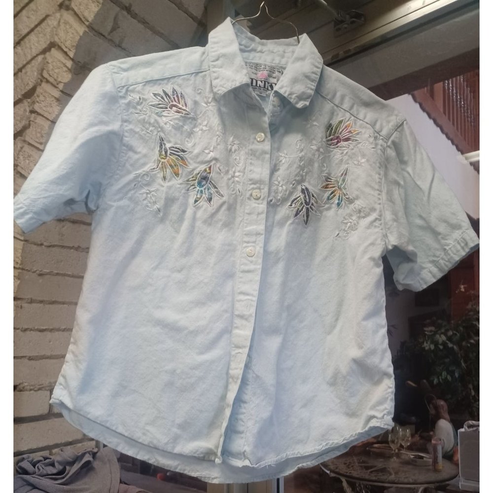Pinky Youth Girls Boho Shirt Lots of Embroidery Medium Lt Blue Short Sleeve